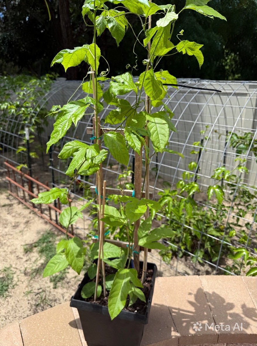 Established purple passion fruit vine example showing the full plant and nursery pot