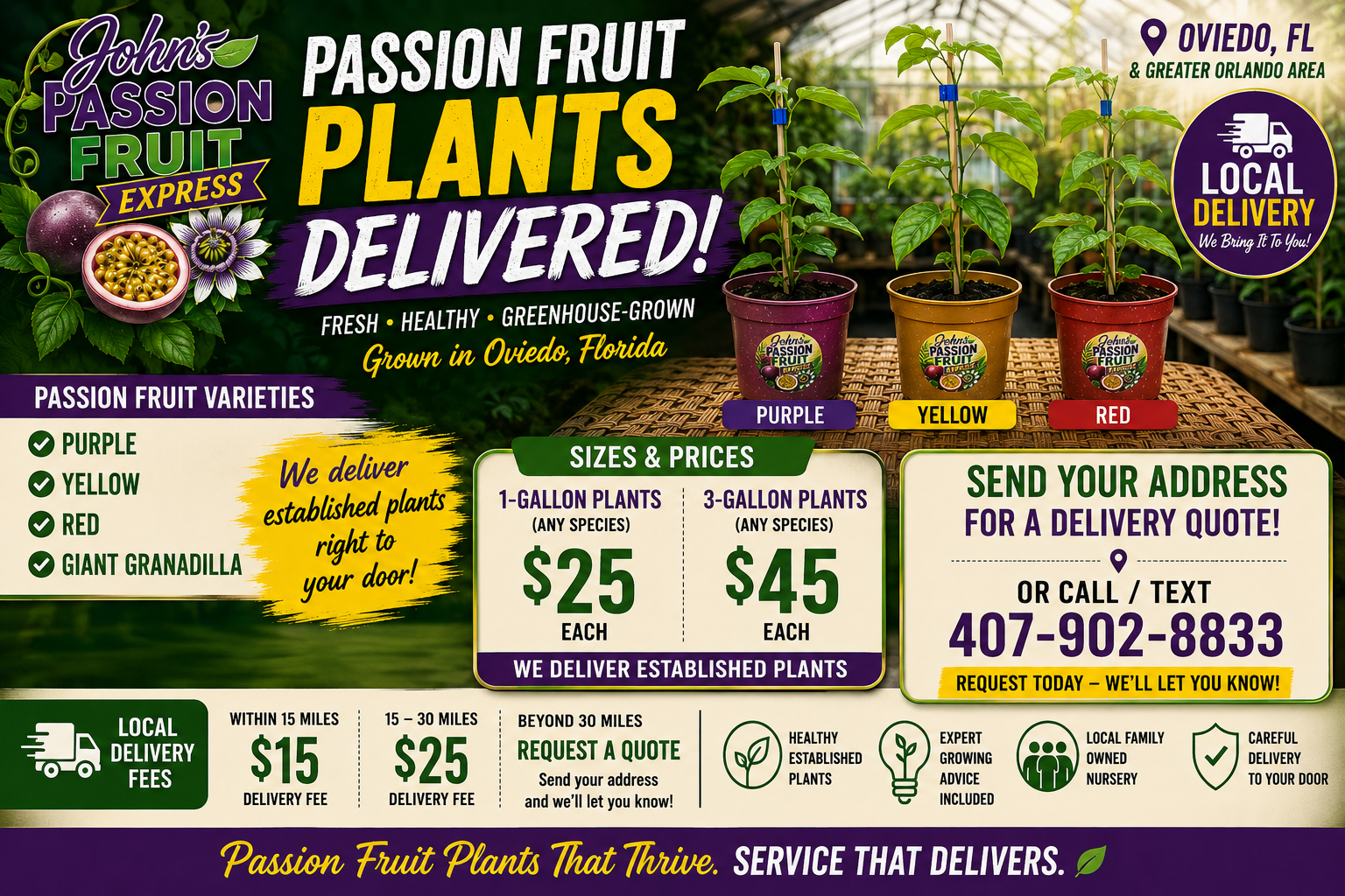 Greenhouse-grown passion fruit plants available for local delivery