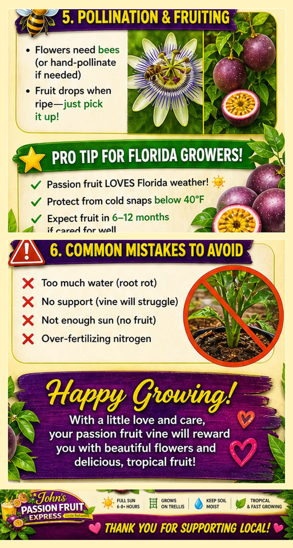 Passion fruit care guide with planting, trellis, Florida growing, and customer care reminders